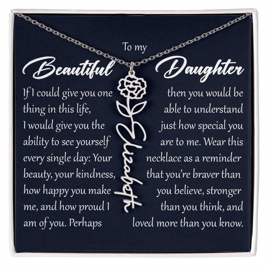 Custom Name Flower Necklace, Daughter Birth Month Pendant Gift