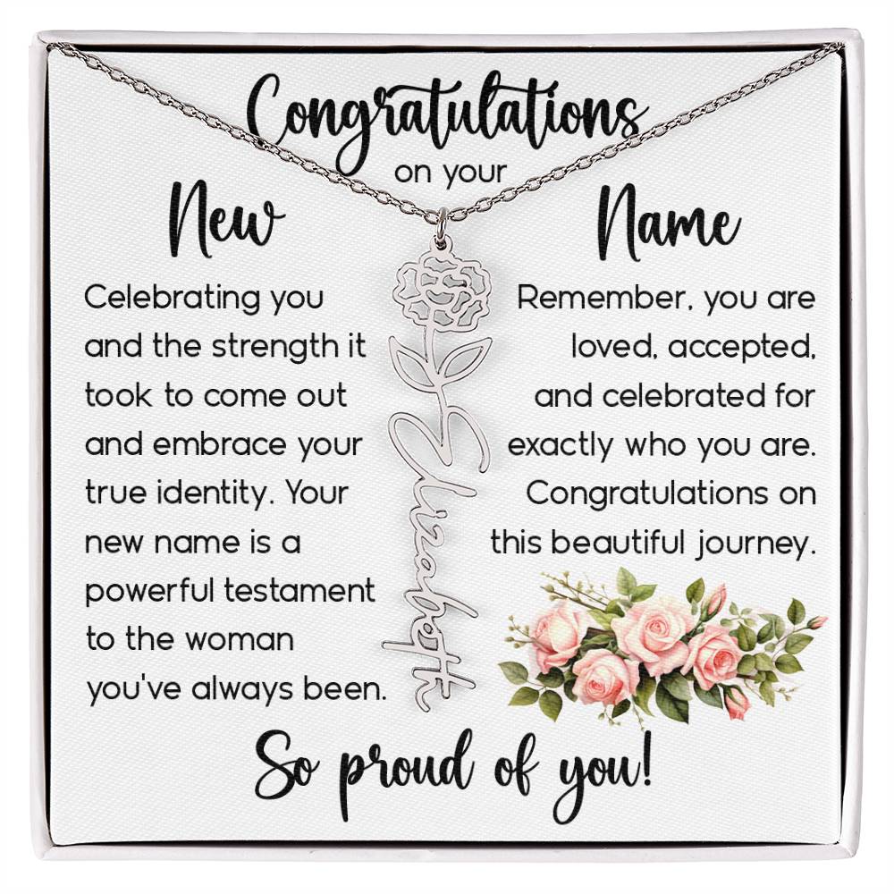 Congratulations on Your New Name, Custom Name Flower Necklace, Floral Pendant Name Change Jewelry for Women