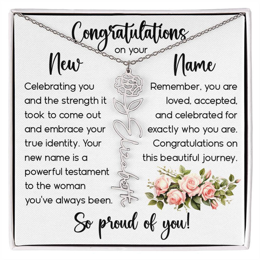 Congratulations on Your New Name, Custom Name Flower Necklace, Floral Pendant Name Change Jewelry for Women