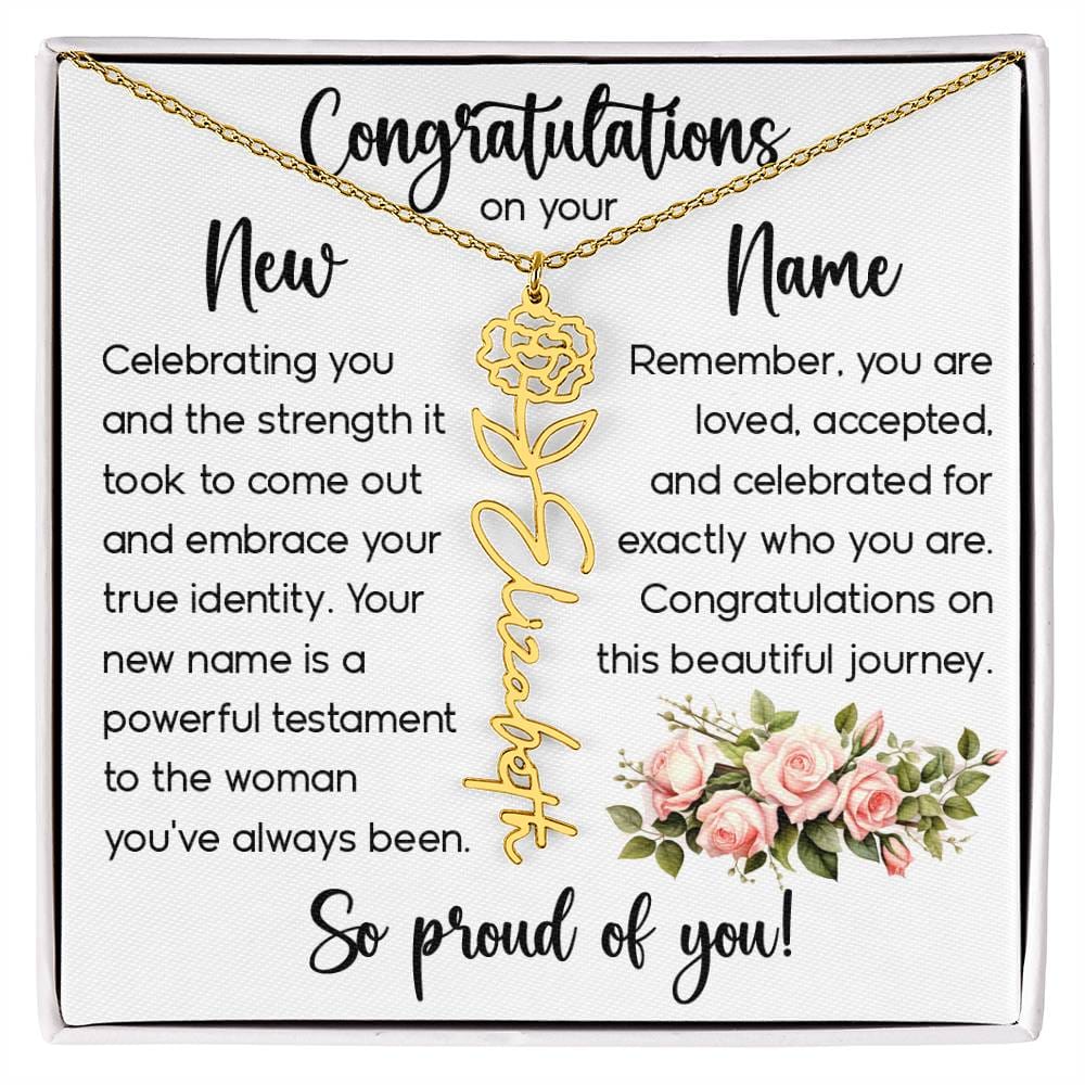 Congratulations on Your New Name, Custom Name Flower Necklace, Floral Pendant Name Change Jewelry for Women