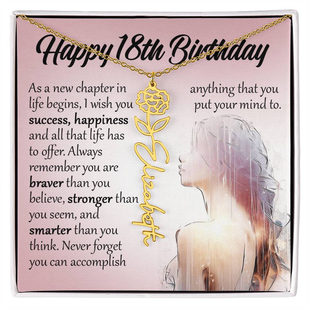 18th Birthday Gift, Custom Name Flower Birth Month Necklace