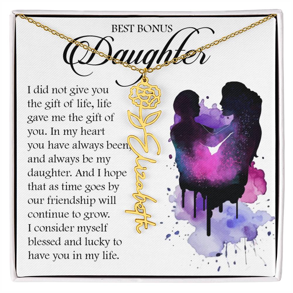 Bonus Daughter Gift, Custom Birth Month Name Flower Necklace
