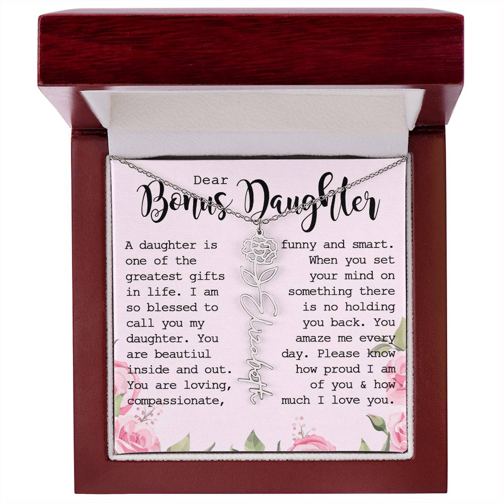 Bonus Daughter Gift, Custom Name Flower Necklace