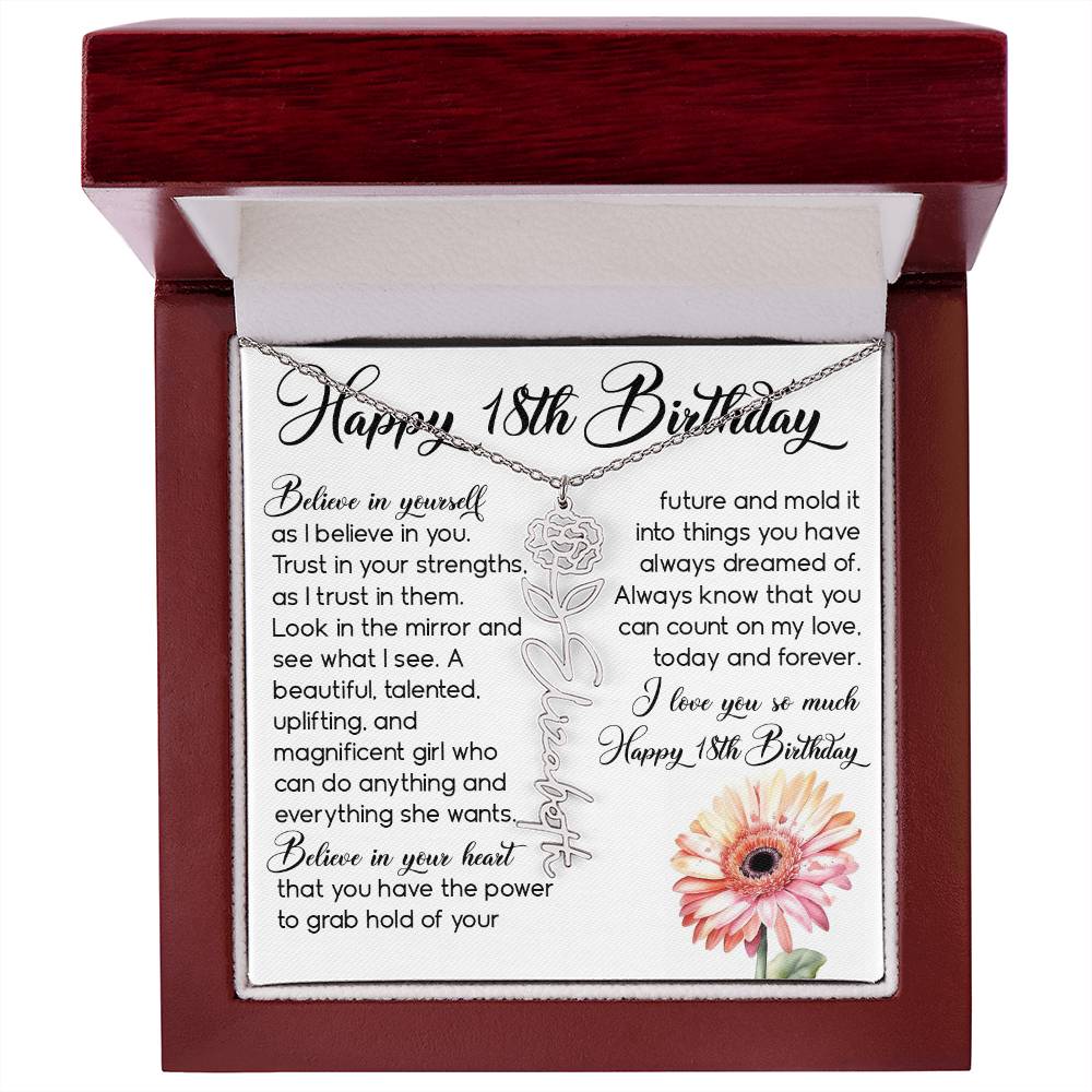 18th Birthday Gift, Custom Birth Month Name Flower Necklace