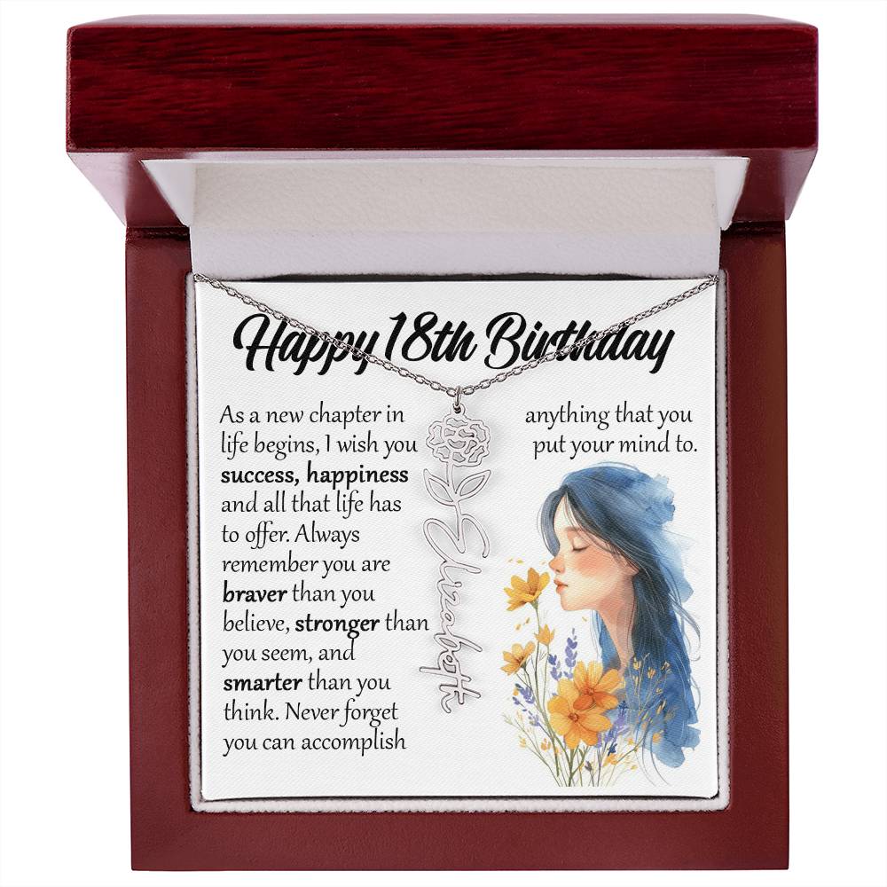 18th Birthday Gift, Name Flower Birth Month Necklace