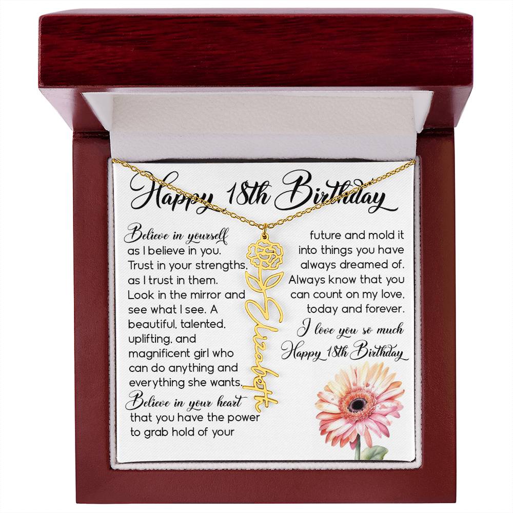 18th Birthday Gift, Custom Birth Month Name Flower Necklace