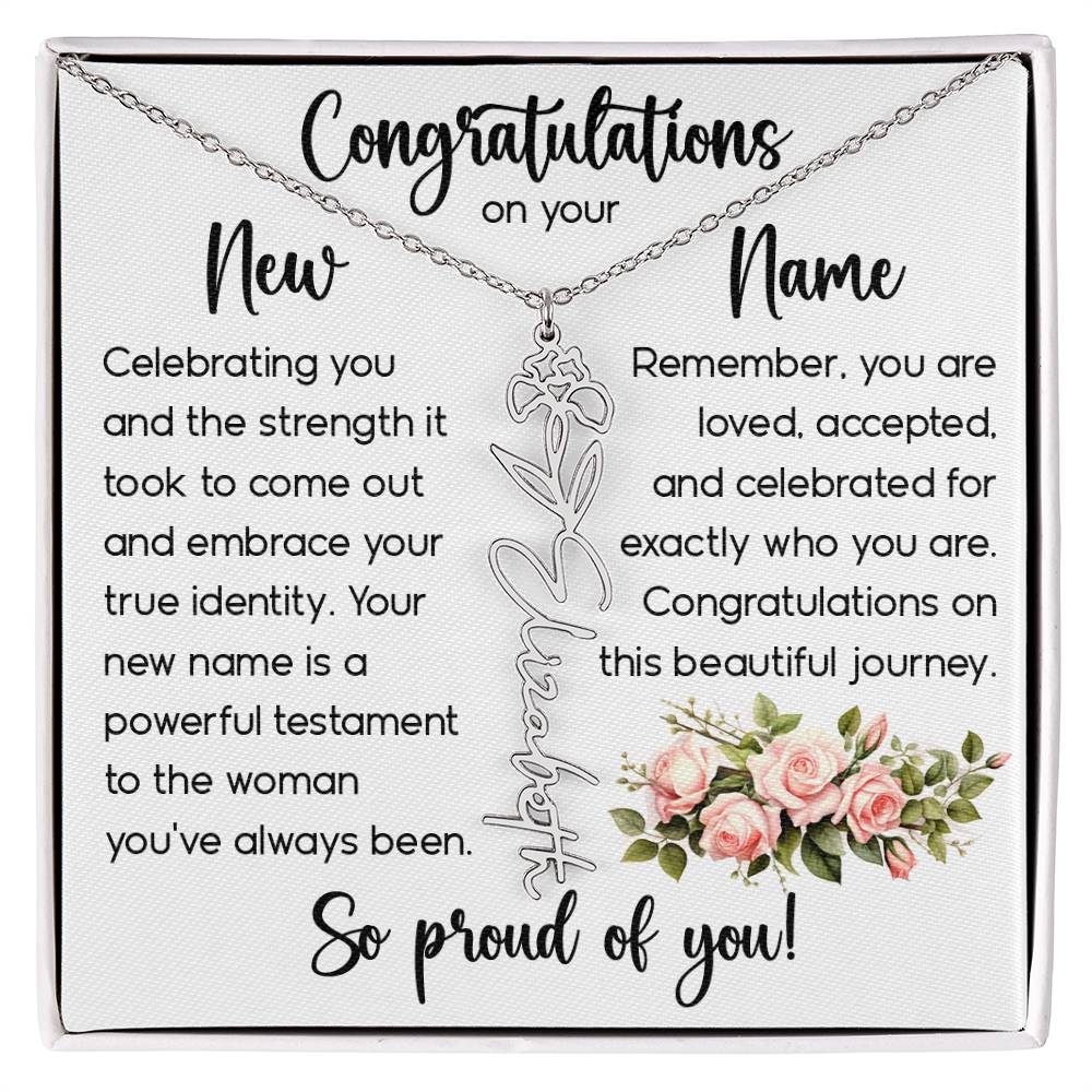 Congratulations on Your New Name, Custom Name Flower Necklace, Floral Pendant Name Change Jewelry for Women