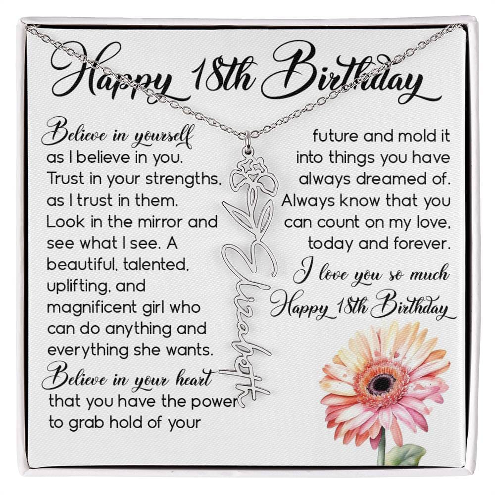 18th Birthday Gift, Custom Birth Month Name Flower Necklace