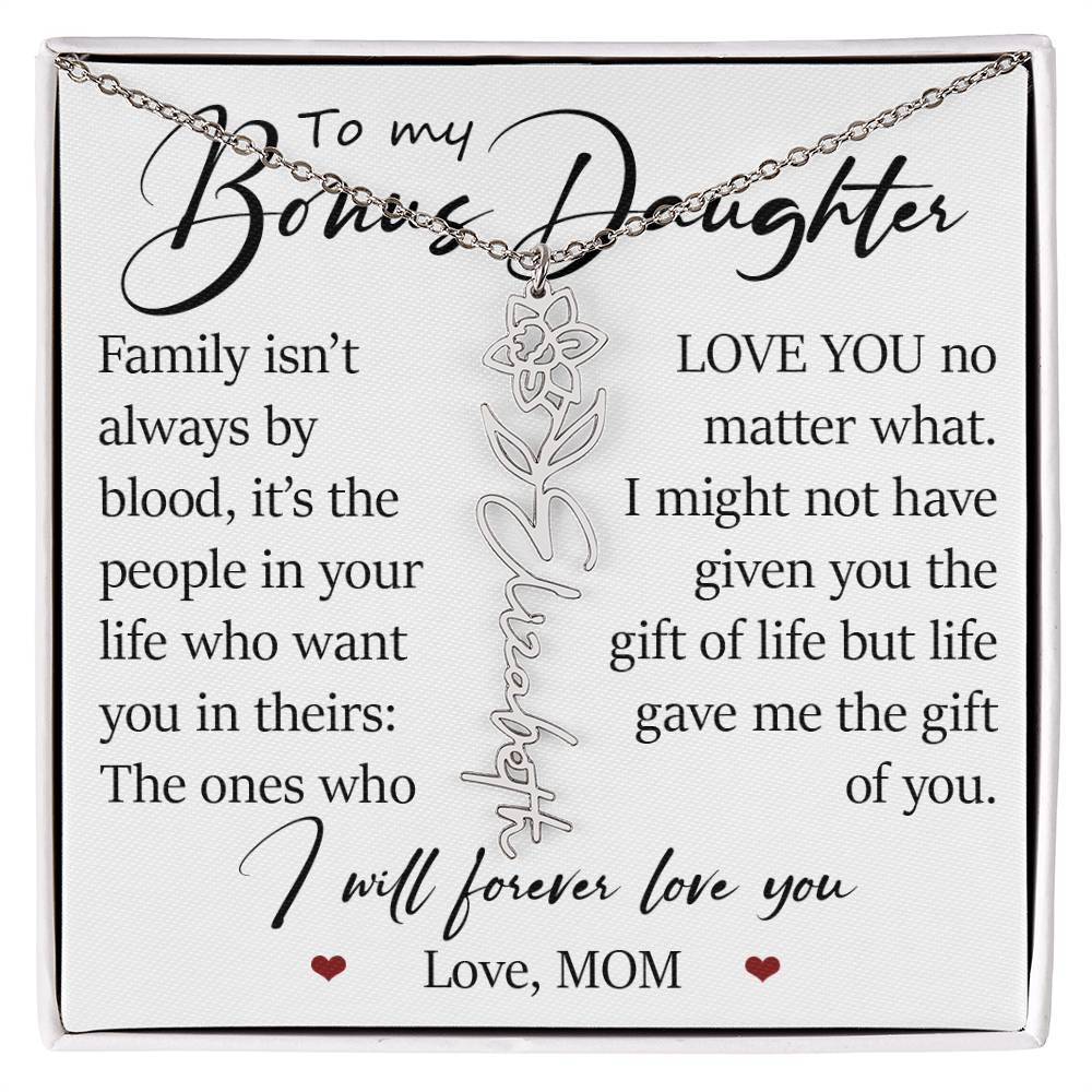 Bonus Daughter Gift, Custom Name Flower Necklace