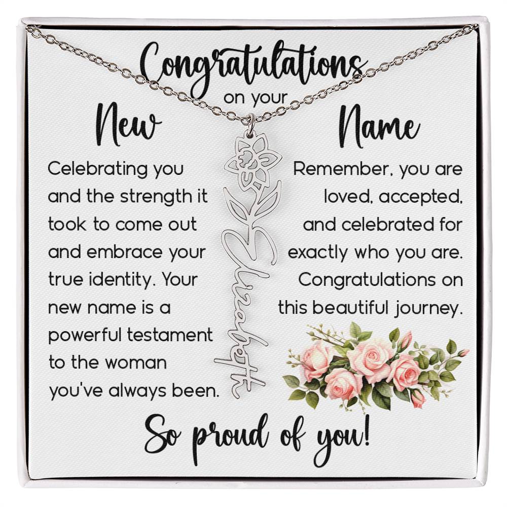 Congratulations on Your New Name, Custom Name Flower Necklace, Floral Pendant Name Change Jewelry for Women