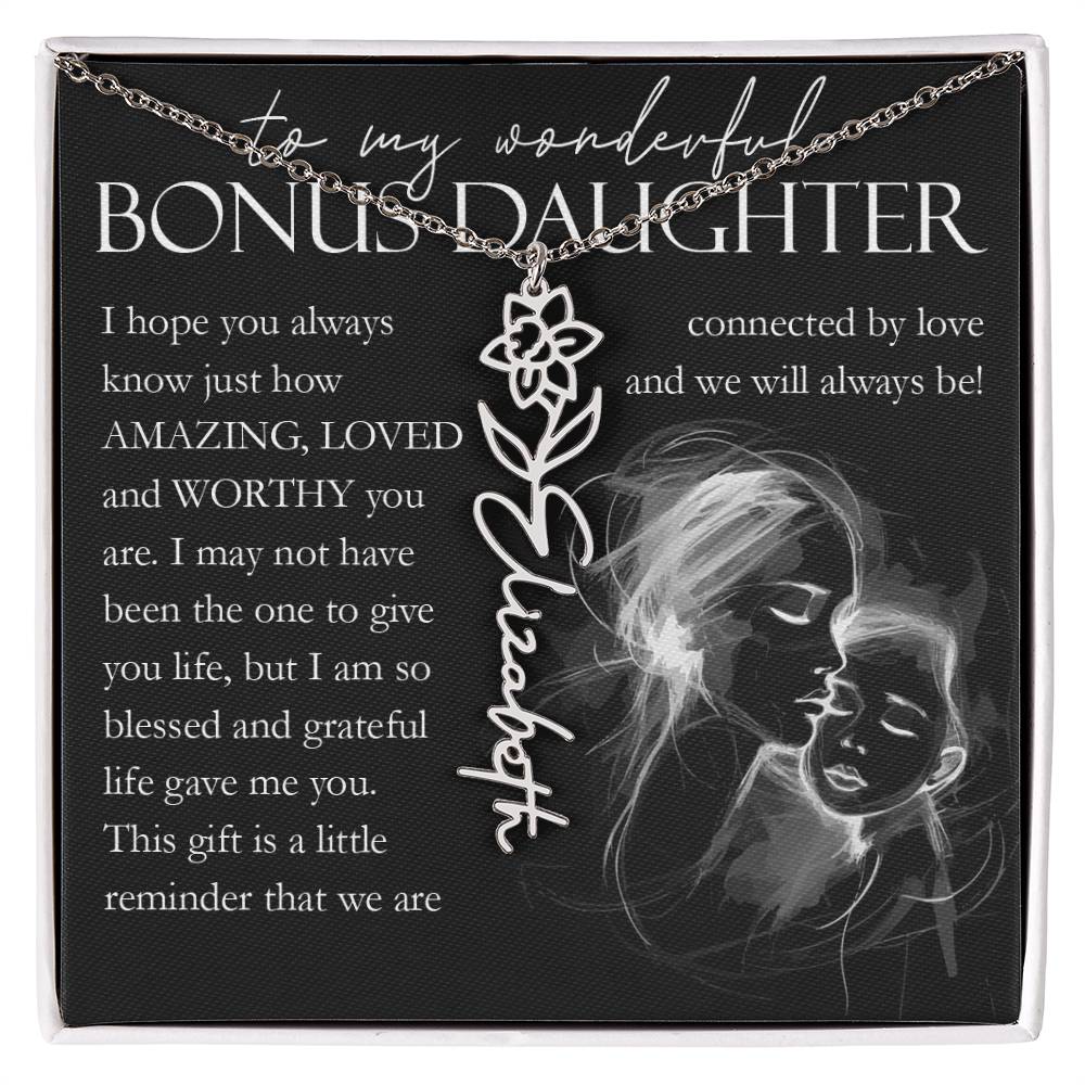 Bonus Daughter Gift, Custom Name Flower Necklace