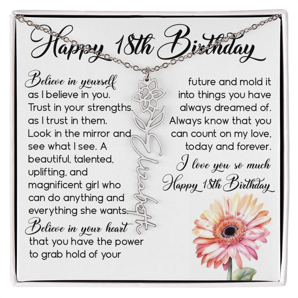 18th Birthday Gift, Custom Birth Month Name Flower Necklace