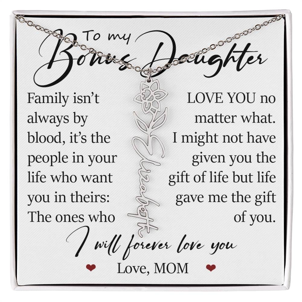 Bonus Daughter Gift, Custom Name Flower Birth Month Necklace