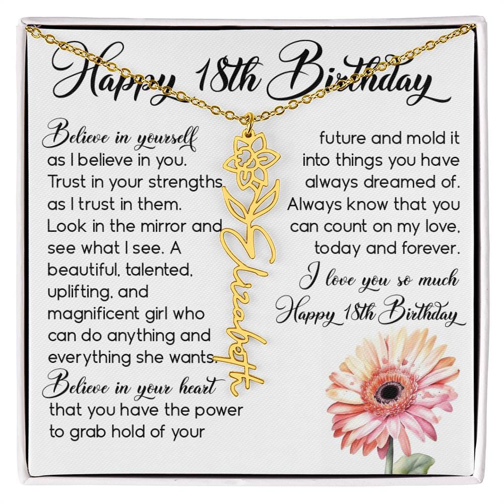 18th Birthday Gift, Custom Birth Month Name Flower Necklace