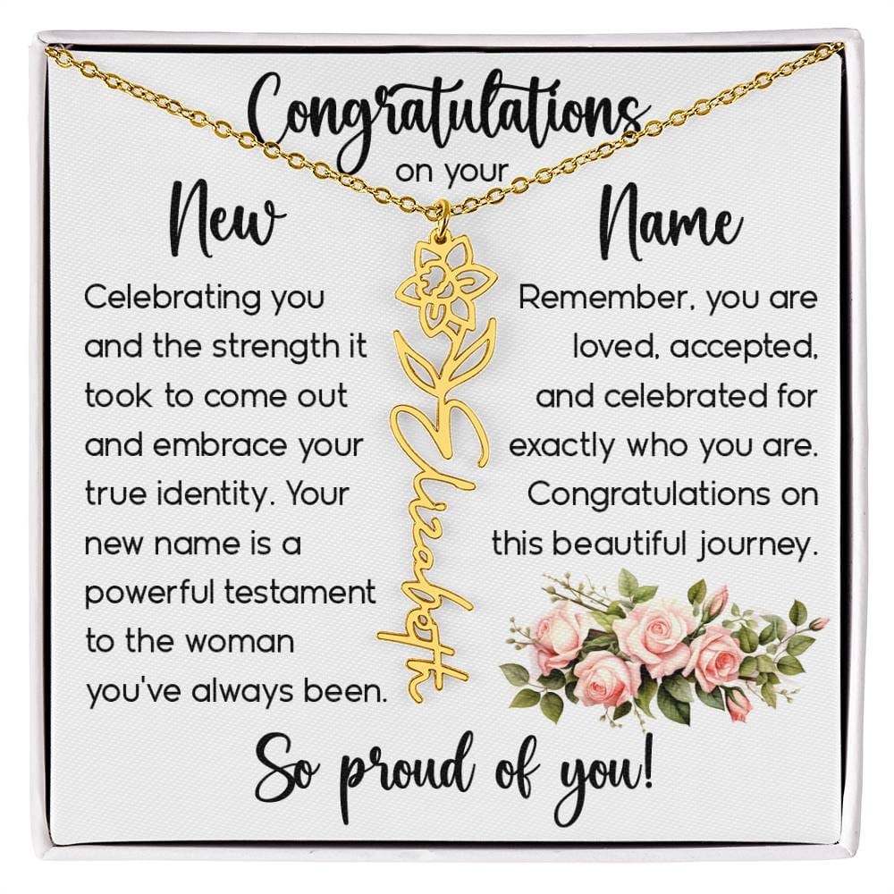 Congratulations on Your New Name, Custom Name Flower Necklace, Floral Pendant Name Change Jewelry for Women