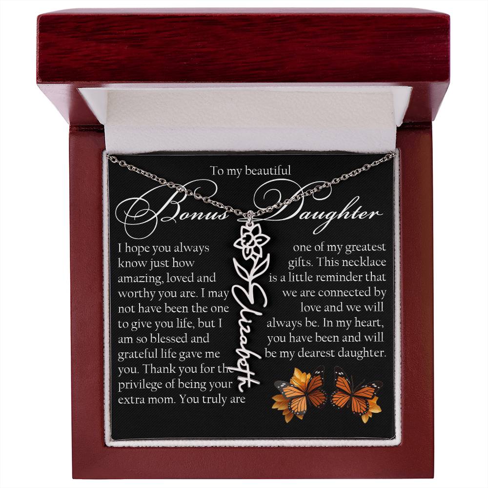 Bonus Daughter Gift, Name Flower Necklace