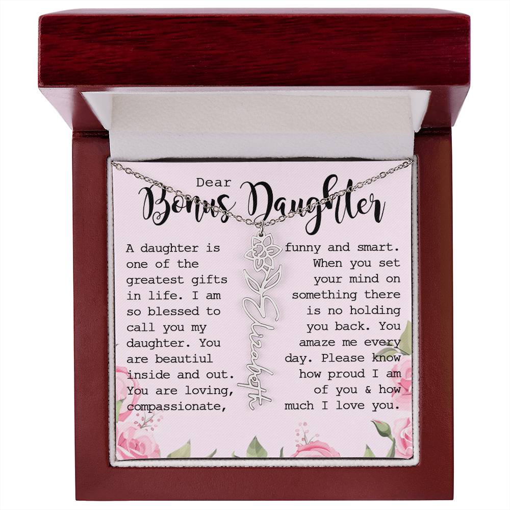 Bonus Daughter Gift, Custom Name Flower Necklace