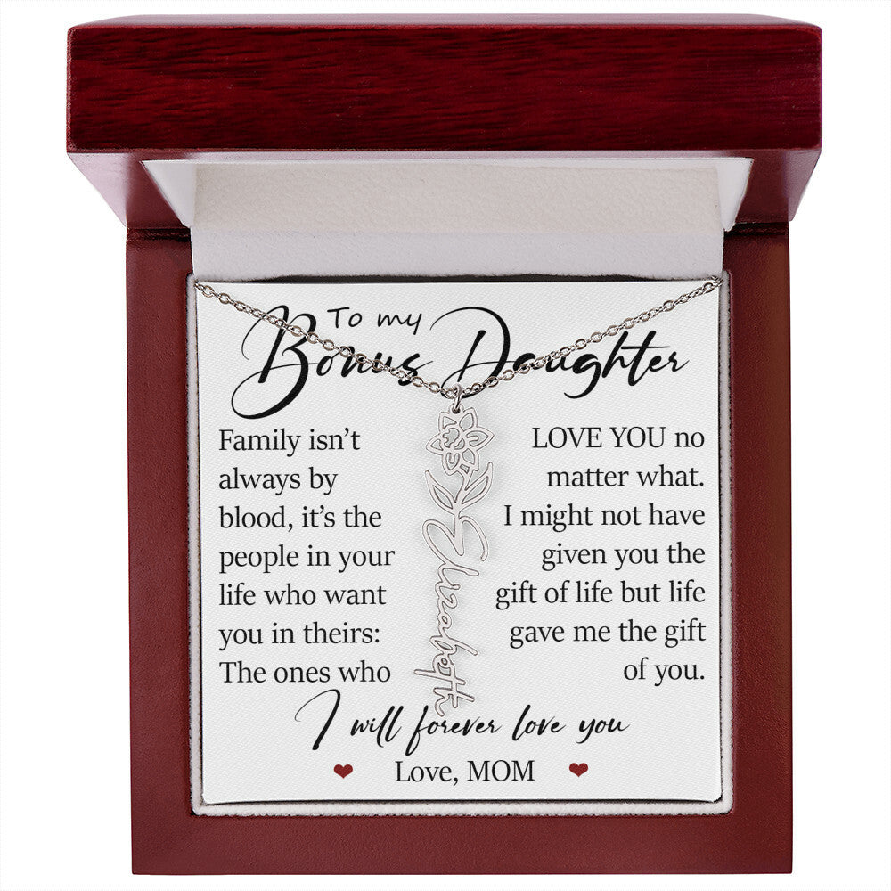 Bonus Daughter Gift, Custom Name Flower Birth Month Necklace