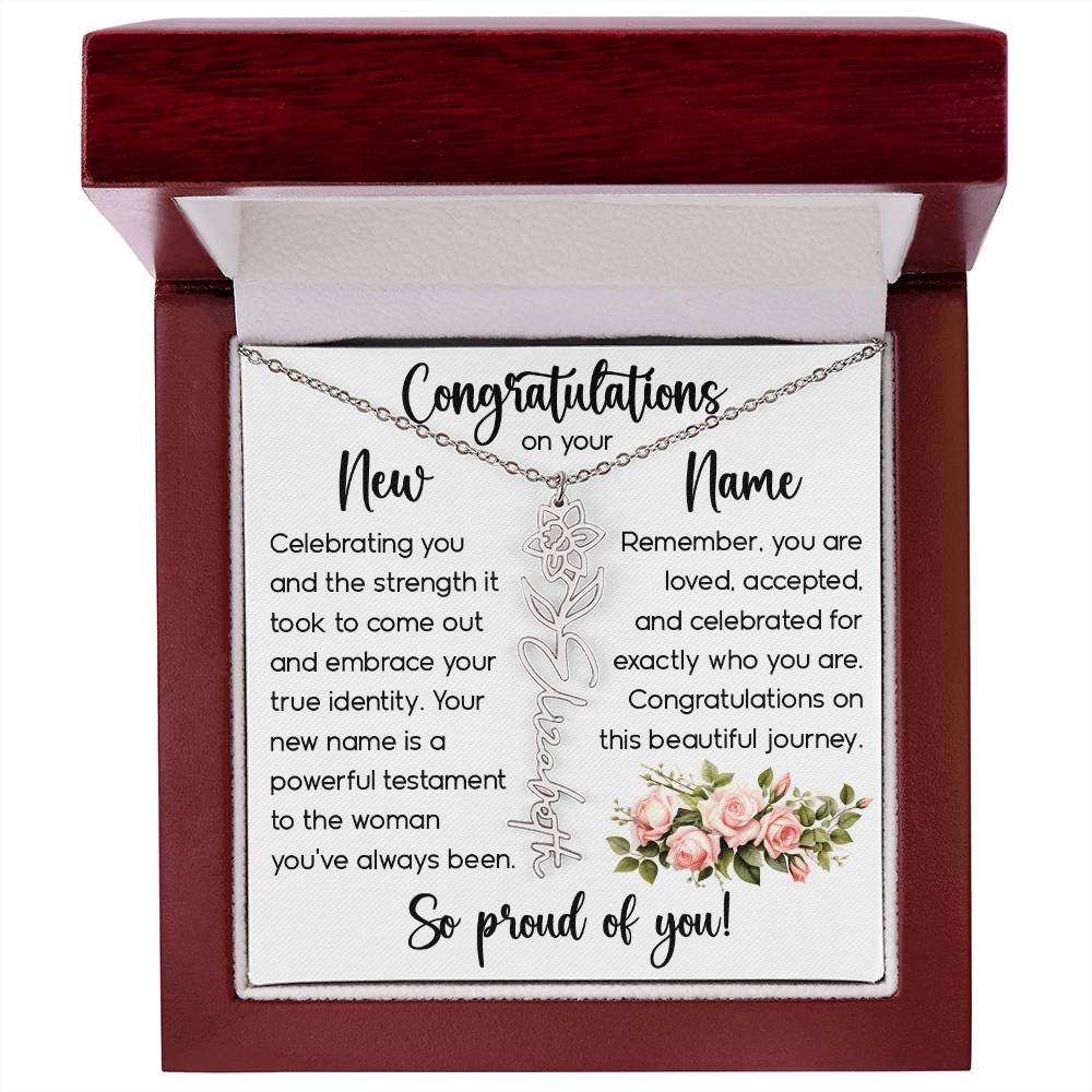 Congratulations on Your New Name, Custom Name Flower Necklace, Floral Pendant Name Change Jewelry for Women