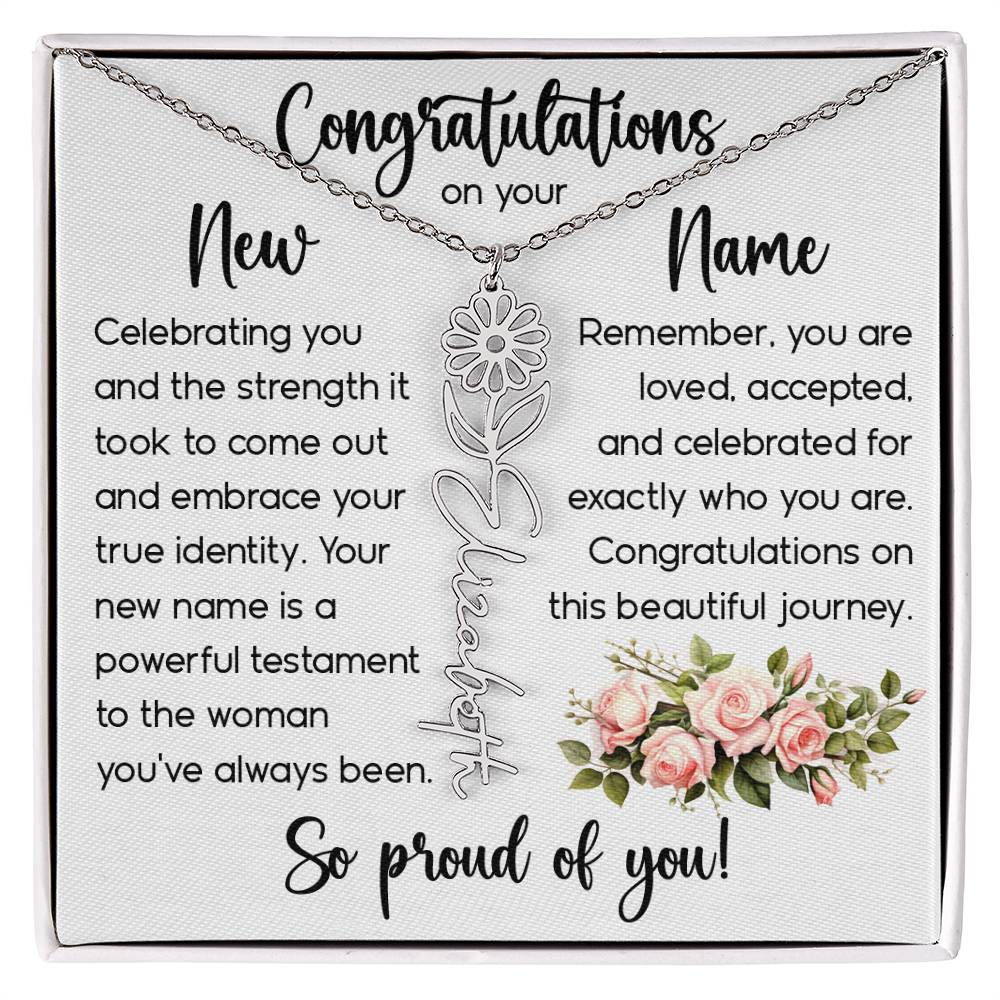 Congratulations on Your New Name, Custom Name Flower Necklace, Floral Pendant Name Change Jewelry for Women