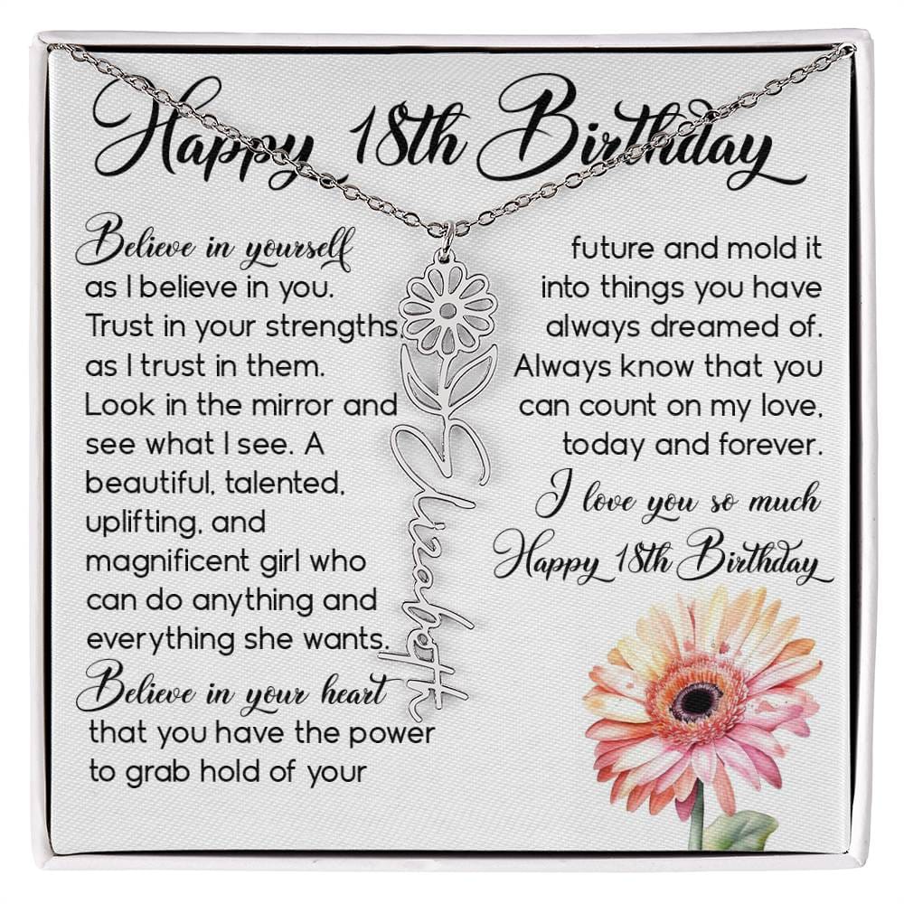 18th Birthday Gift, Custom Birth Month Name Flower Necklace