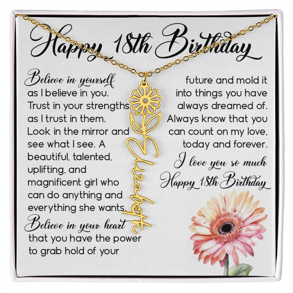 18th Birthday Gift, Custom Birth Month Name Flower Necklace