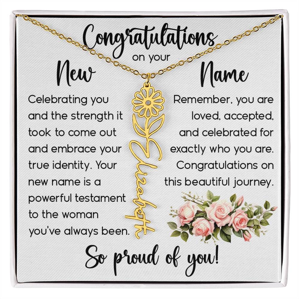 Congratulations on Your New Name, Custom Name Flower Necklace, Floral Pendant Name Change Jewelry for Women