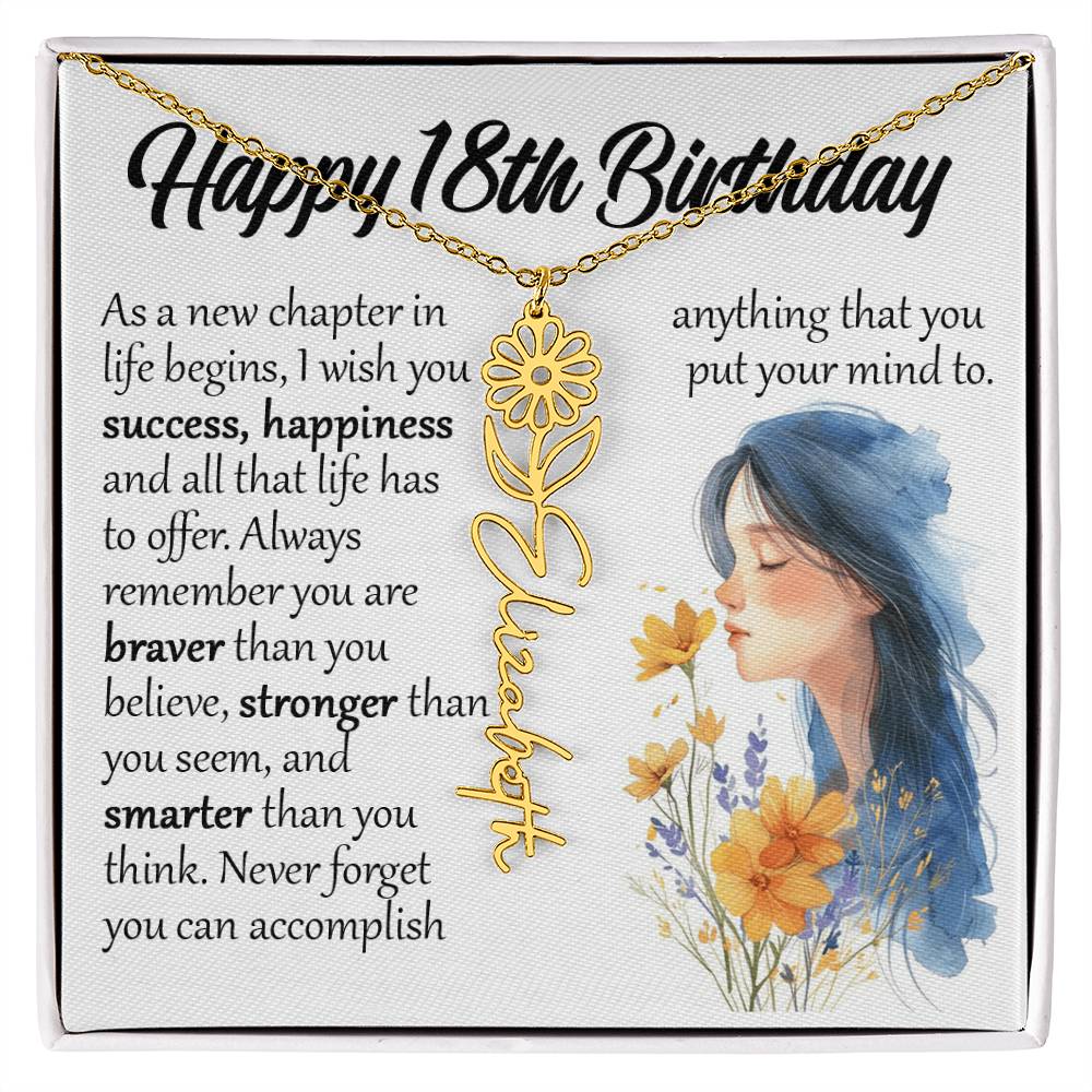 18th Birthday Gift, Name Flower Birth Month Necklace