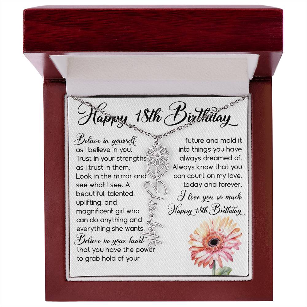 18th Birthday Gift, Custom Birth Month Name Flower Necklace
