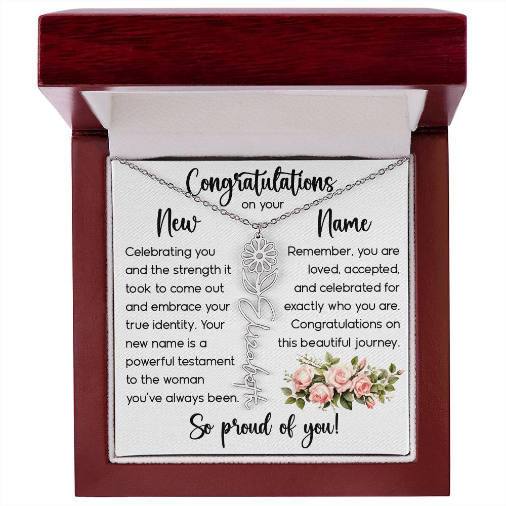 Congratulations on Your New Name, Custom Name Flower Necklace, Floral Pendant Name Change Jewelry for Women