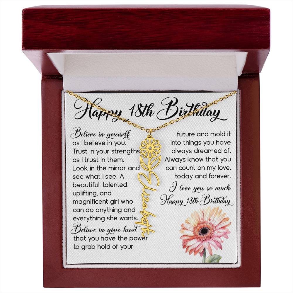 18th Birthday Gift, Custom Birth Month Name Flower Necklace