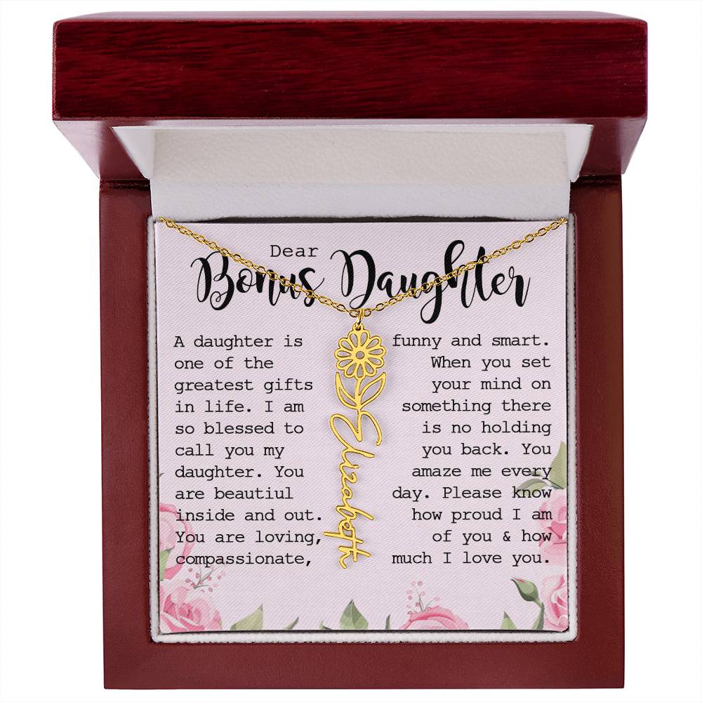 Bonus Daughter Gift, Custom Name Flower Necklace