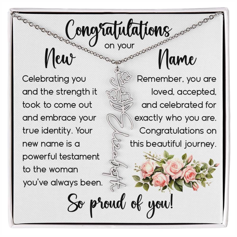 Congratulations on Your New Name, Custom Name Flower Necklace, Floral Pendant Name Change Jewelry for Women