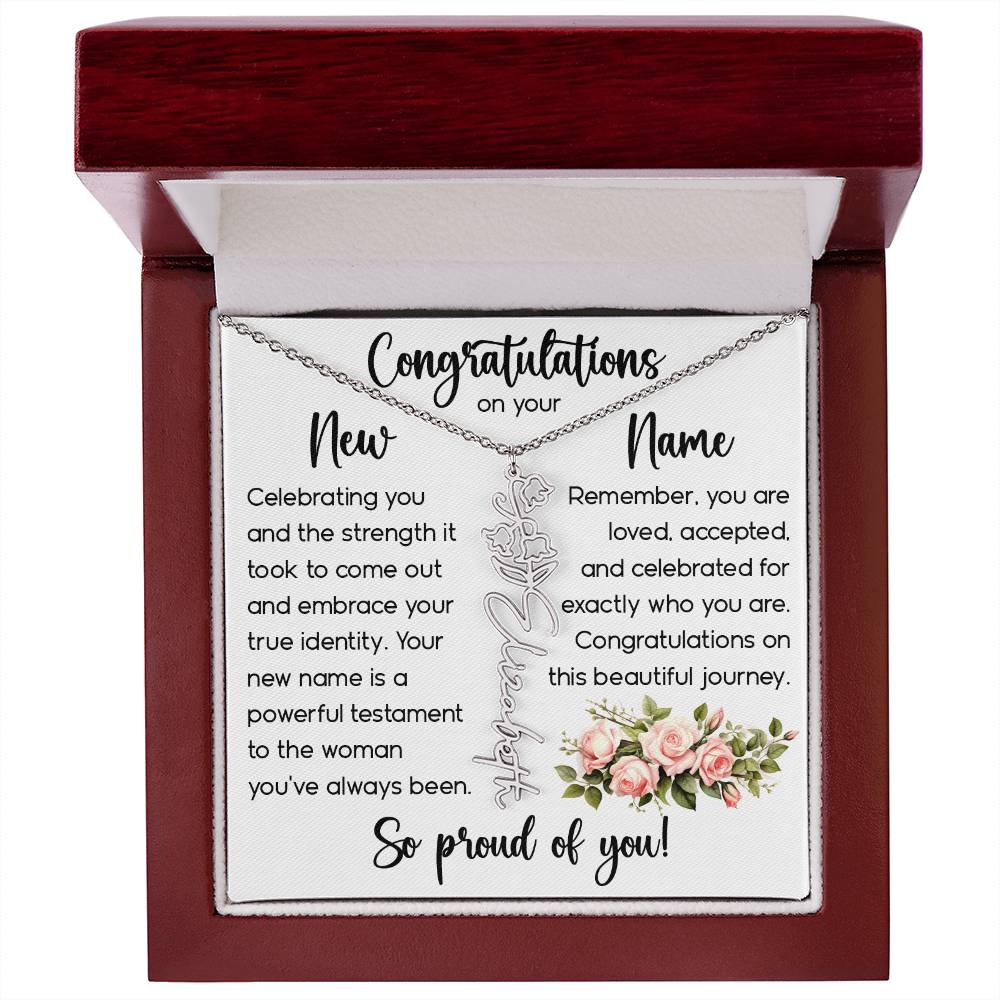 Congratulations on Your New Name, Custom Name Flower Necklace, Floral Pendant Name Change Jewelry for Women