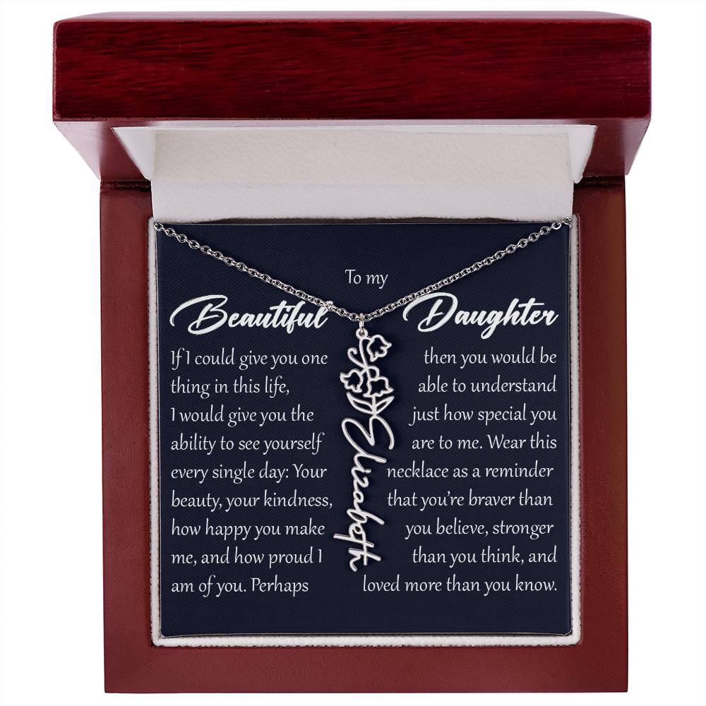 Custom Name Flower Necklace, Daughter Birth Month Pendant Gift