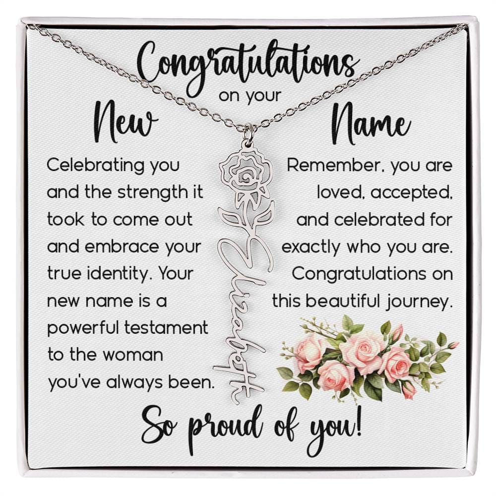Congratulations on Your New Name, Custom Name Flower Necklace, Floral Pendant Name Change Jewelry for Women