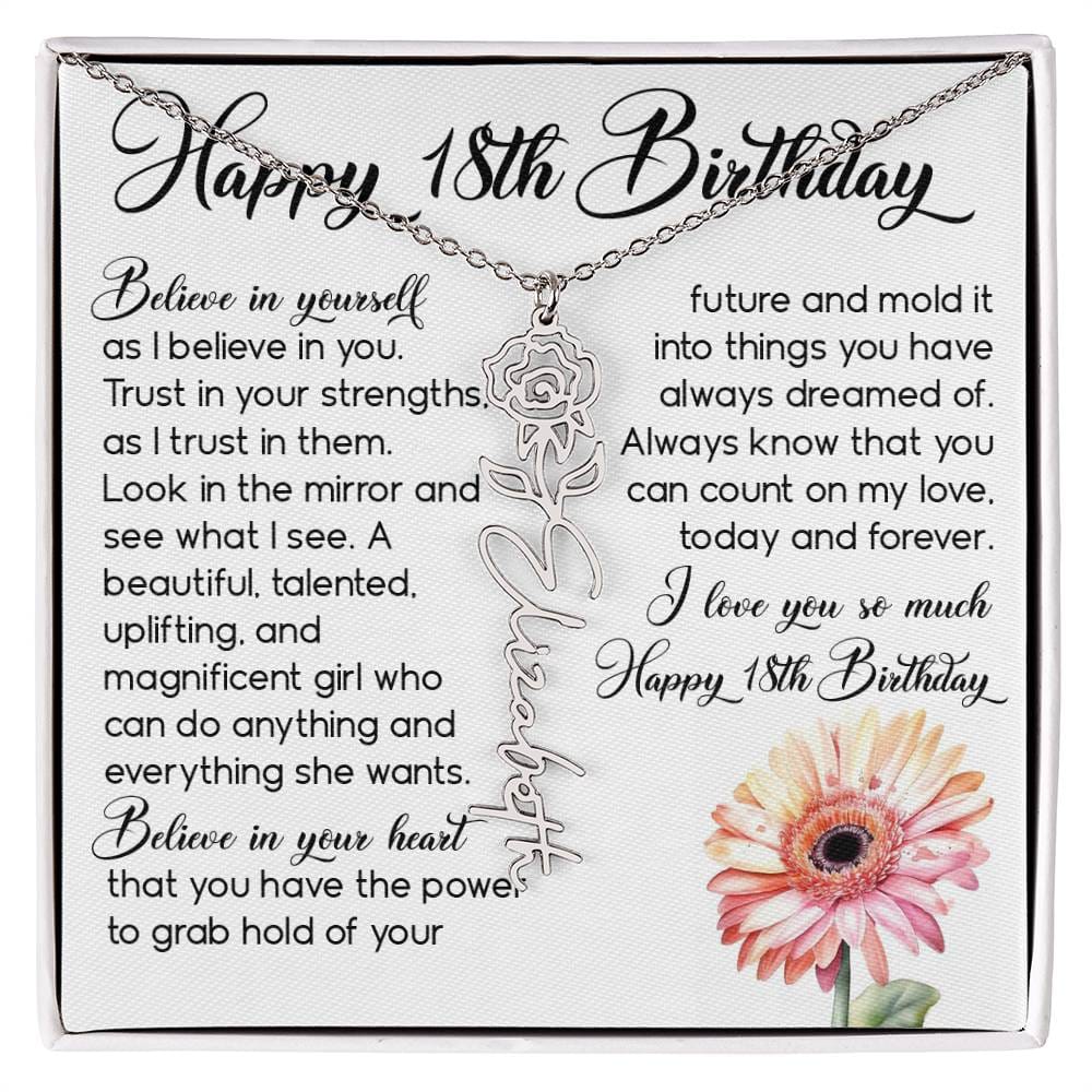 18th Birthday Gift, Custom Birth Month Name Flower Necklace