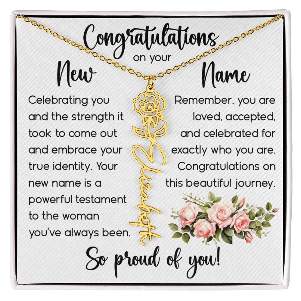 Congratulations on Your New Name, Custom Name Flower Necklace, Floral Pendant Name Change Jewelry for Women