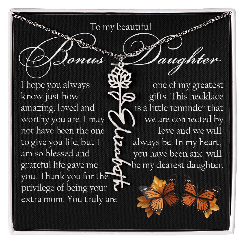 Bonus Daughter Gift, Name Flower Necklace