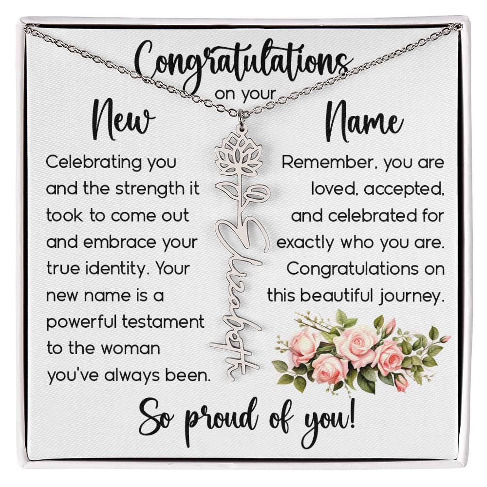 Congratulations on Your New Name, Custom Name Flower Necklace, Floral Pendant Name Change Jewelry for Women
