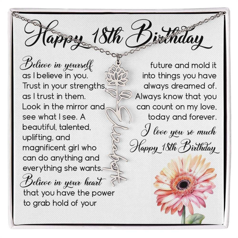 18th Birthday Gift, Custom Birth Month Name Flower Necklace