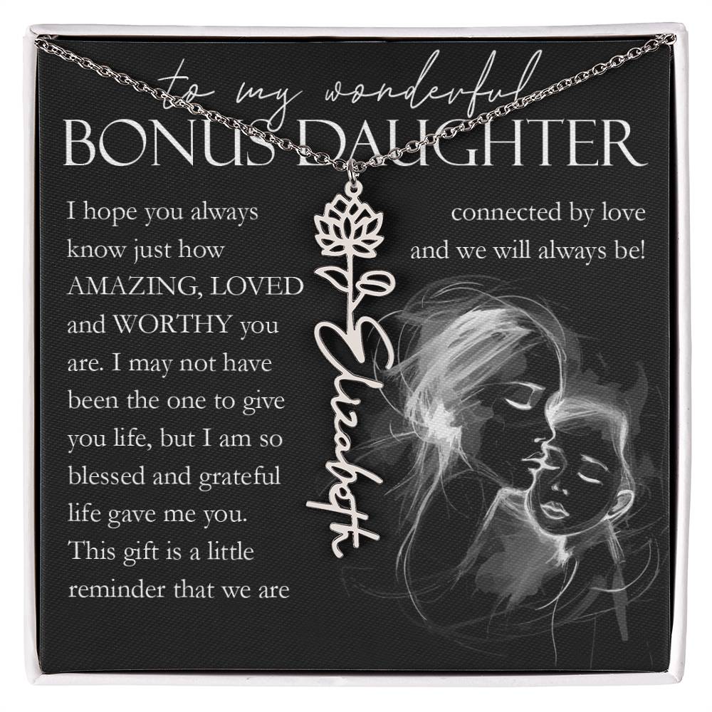 Bonus Daughter Gift, Custom Name Flower Necklace