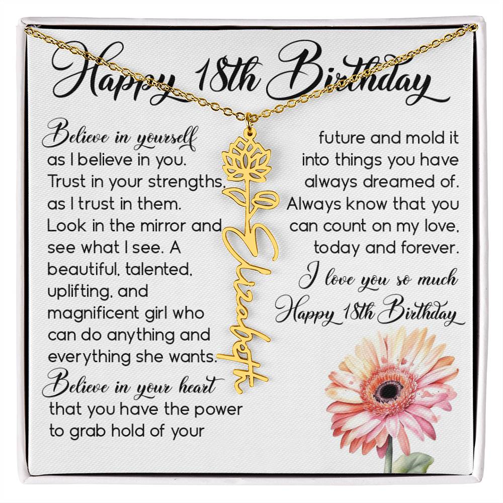18th Birthday Gift, Custom Birth Month Name Flower Necklace