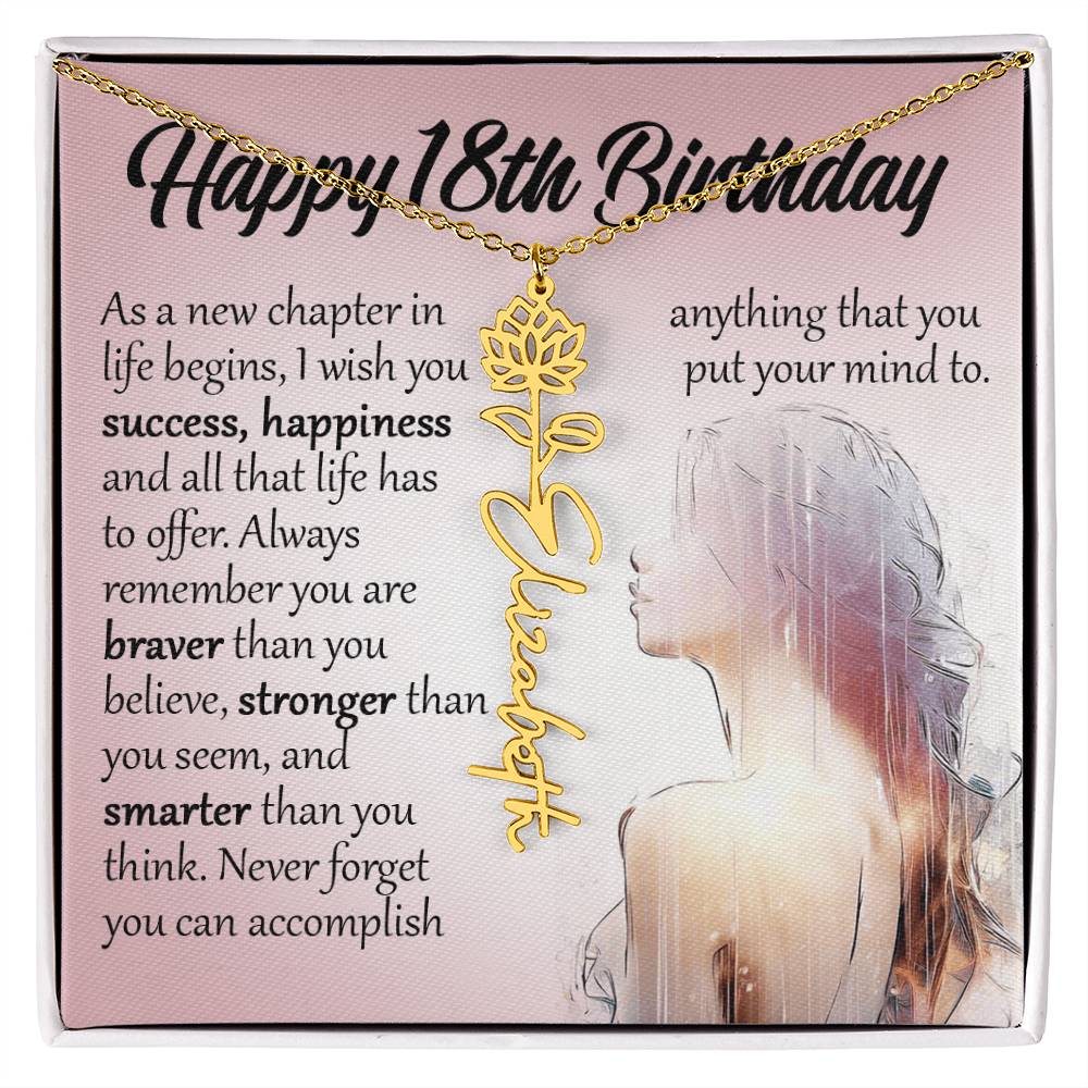 18th Birthday Gift, Custom Name Flower Birth Month Necklace