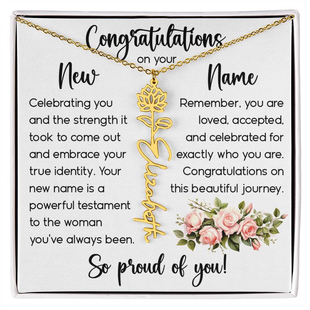 Congratulations on Your New Name, Custom Name Flower Necklace, Floral Pendant Name Change Jewelry for Women
