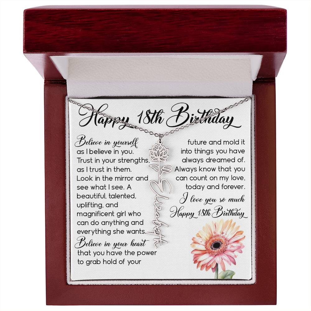 18th Birthday Gift, Custom Birth Month Name Flower Necklace