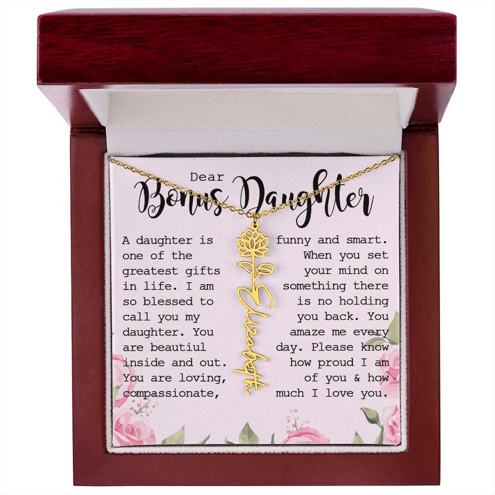 Bonus Daughter Gift, Custom Name Flower Necklace