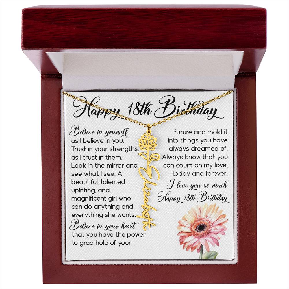 18th Birthday Gift, Custom Birth Month Name Flower Necklace