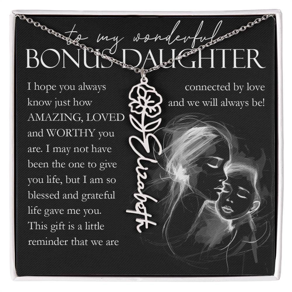 Bonus Daughter Gift, Custom Name Flower Necklace