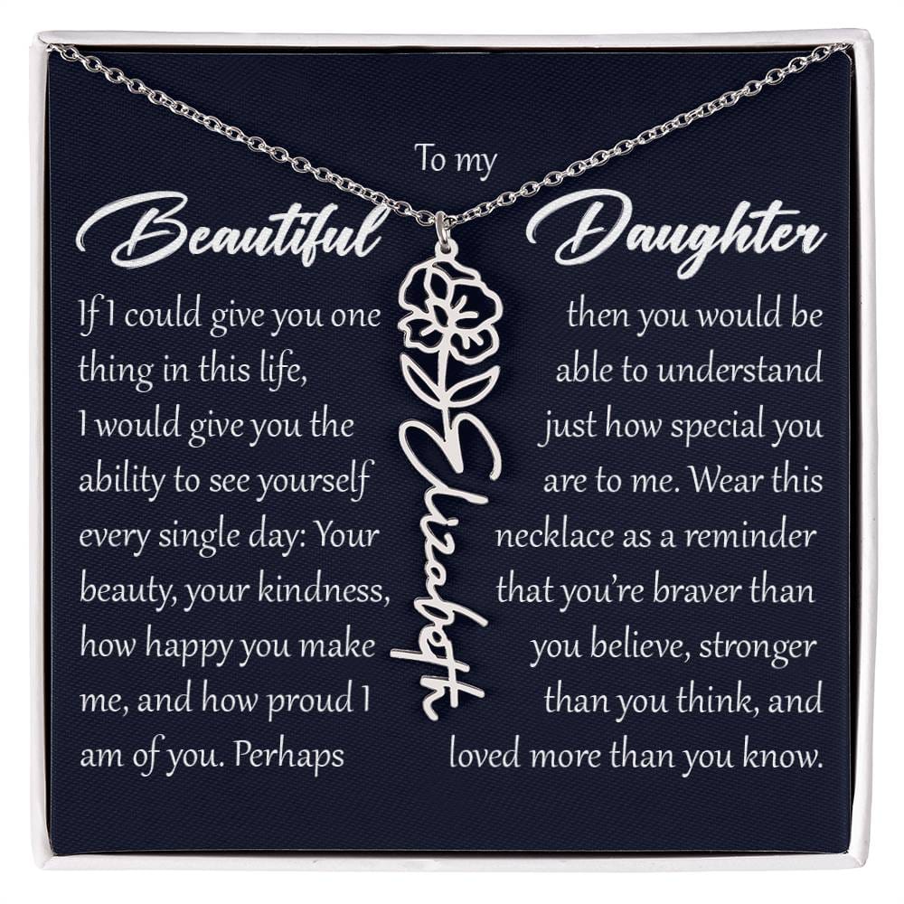 Custom Name Flower Necklace, Daughter Birth Month Pendant Gift